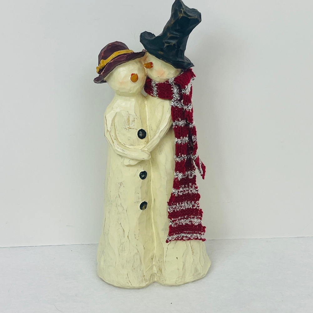 Snowman Couple Figurine Resin Rustic Winter Christmas Decor Cream Red Black 8.5"
